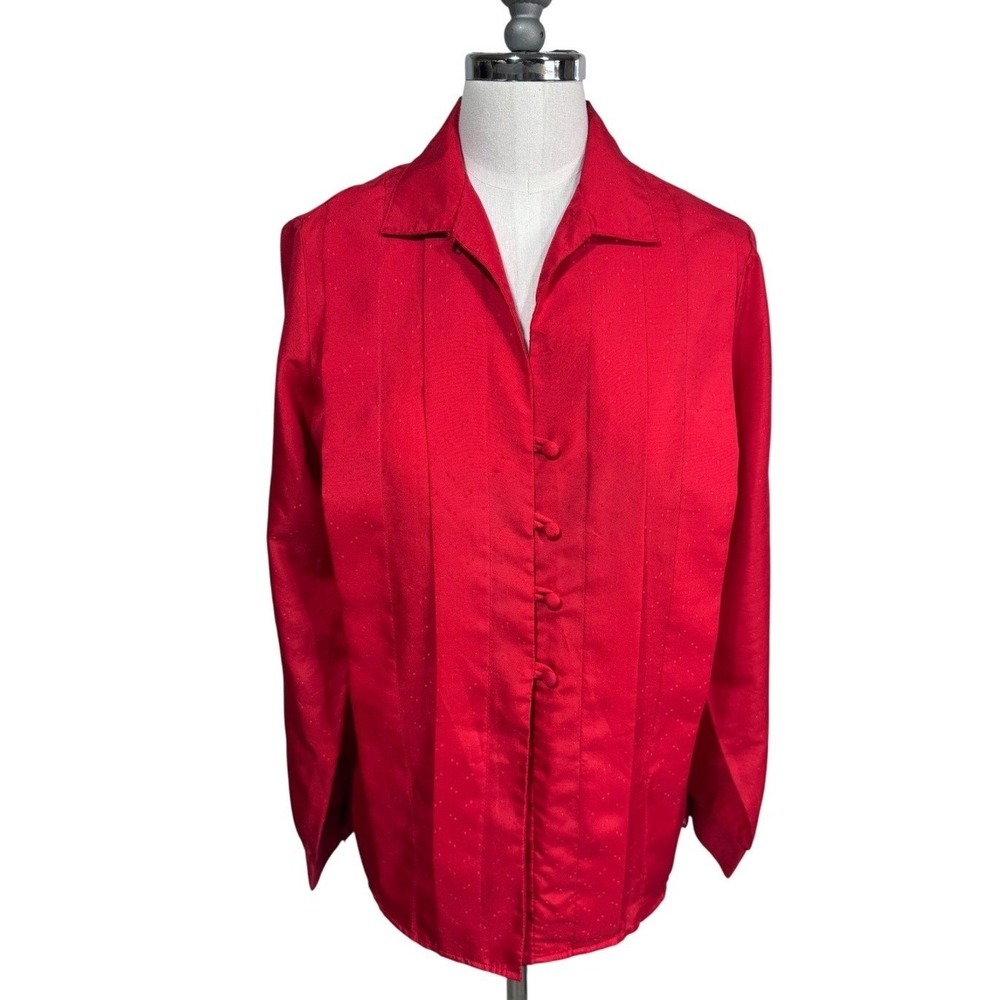 P.S. Ruggeri Vintage Red Blouse Textured Satin Fabric Covered Buttons Women's Sm